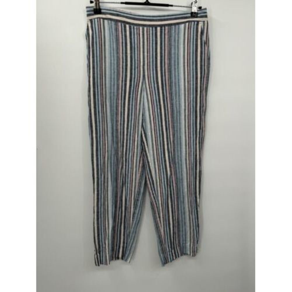 Chico's 00 Striped Linen Blend Pull On Cropped Pants Womens Blue Pink Multi